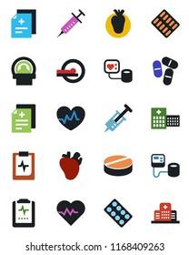 Color and black flat icon set - heart pulse vector, diagnosis, syringe, blood pressure, pills, blister, tomography, real, clipboard, hospital