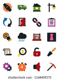 Color and black flat icon set - alarm clock vector, female, abacus, trowel, house, rain, garden light, joint, clipboard, touch screen, chain, update, settings, client search, lock, moving, sound
