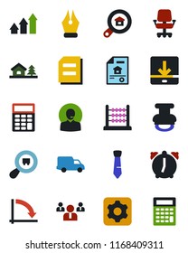 Color and black flat icon set - team vector, document, crisis graph, car delivery, search cargo, settings, alarm, download, calculator, abacus, ink pen, support, tie, stamp, house with tree, estate