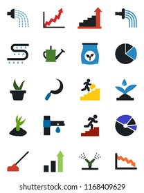 Color and black flat icon set - growth statistic vector, seedling, watering can, sproute, hoe, sickle, fertilizer, drip irrigation, pie graph, career ladder, crisis