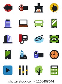 Color and black flat icon set - airport bus vector, left arrow, office building, tree, sun, route, settings, video camera, cell phone, laptop pc, radio, play button, mobile, clock, fireplace