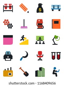 Color and black flat icon set - money bag vector, job, rake, sickle, bench, blood test vial, copybook, office building, chair, blank box, desk lamp, printer, hierarchy, pencil, career ladder, book