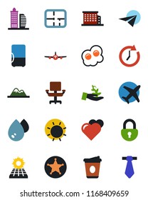 Color and black flat icon set - plane vector, coffee, sun, heart, lock, office chair, panel, mountains, plan, building, omelette, water, police, fridge, palm sproute, clock, paper, tie