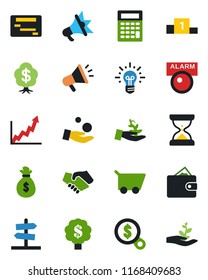 Color and black flat icon set - alarm led vector, palm sproute, handshake, wallet, money bag, growth graph, search, investment, idea, cart, calculator, schedule, advertising, pedestal, tree
