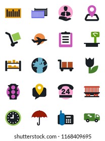 Color and black flat icon set - navigation vector, earth, railroad, plane, traffic light, office phone, 24 hours, client, mobile tracking, cargo container, clock, clipboard, umbrella, tulip, barcode