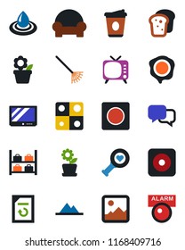 Color and black flat icon set - luggage storage vector, coffee, document reload, stamp, flower in pot, rake, heart diagnostic, tv, dialog, rec button, gallery, record, application, mountains, bread