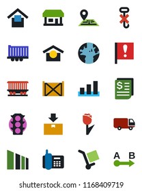 Color and black flat icon set - navigation vector, earth, railroad, important flag, store, traffic light, office phone, truck trailer, car delivery, receipt, container, cargo, warehouse storage