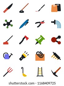 Color and black flat icon set - pen vector, drawing pin, farm fork, ladder, watering can, pruner, hoe, axe, scalpel, share, torch, paper clip, ladle, rolling, cutting board, knife, social media