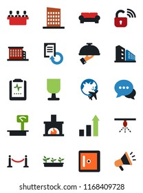 Color and black flat icon set - fence vector, plane globe, checkroom, growth statistic, document reload, seedling, pulse clipboard, fragile, heavy scales, dialog, meeting, office building, fireplace