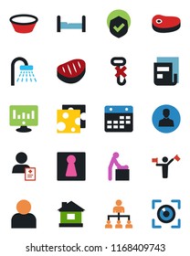 Color and black flat icon set - dispatcher vector, female, baby room, shower, hierarchy, statistic monitor, house, patient, no hook, shield, user, calendar, news, bedroom, steak, bowl, cheese