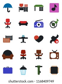 Color and black flat icon set - office chair vector, case, desk, tie, garden light, satellite, cargo container, umbrella, radio, heart, music, cushioned furniture, tv, restaurant table, chip
