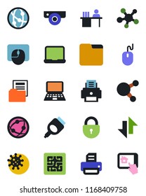 Color and black flat icon set - lock vector, mouse, notebook pc, printer, virus, network, share, hdmi, folder, data exchange, document, manager desk, chip, web camera, home control app