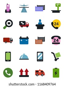 Color and black flat icon set - runway vector, phone, reception, mobile, ambulance car, office, 24 hours, cargo container, delivery, up side sign, heavy scales, search, moving, dish, battery