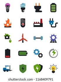 Color and black flat icon set - fork loader vector, fire, barbell, remote control, battery, low, protect, charge, windmill, factory, home, power plug, energy saving bulb, sun panel, gear, idea