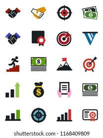 Color and black flat icon set - growth statistic vector, document, cash, sertificate, bar graph, target, handshake, career ladder, motivation, money bag, pennon, certificate