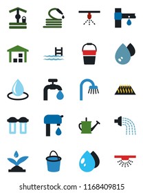 Color and black flat icon set - watering can vector, bucket, water drop, well, hose, drip irrigation, warehouse, pool, supply, bathroom, filter, warm floor, sprinkler