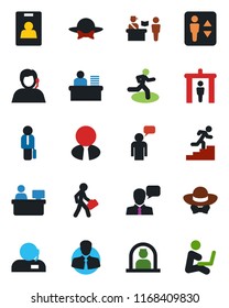 Color and black flat icon set - passport control vector, security gate, elevator, reception, speaking man, manager place, run, support, client, speaker, identity card, desk, career ladder