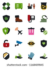 Color and black flat icon set - plane radar vector, passport control, trash bin, safe, glove, boot, hose, patch, heart shield, protect, eye id, lock, estate insurance, intercome, home, surveillance