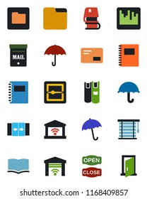 Color and black flat icon set - automatic door vector, umbrella, book, mail, scanner, folder, copybook, mailbox, open close, jalousie, garage gate control