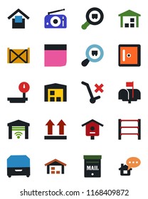 Color and black flat icon set - checkroom vector, bird house, container, warehouse storage, up side sign, no trolley, heavy scales, search cargo, rack, radio, blank box, archive, mailbox