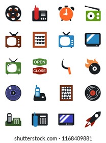 Color and black flat icon set - alarm clock vector, abacus, sickle, reel, vinyl, flame disk, radio, tv, phone, office, open close, rocket