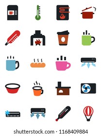 Color and black flat icon set - hot cup vector, coffee machine, fireplace, thermometer, air conditioner, bread, bowl, steaming pan, water heater, balloon