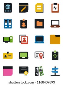 Color and black flat icon set - passport vector, identity, office binder, notebook pc, document, pulse clipboard, laptop, folder, notes, photo gallery, blank box, pass card, certificate, guidepost