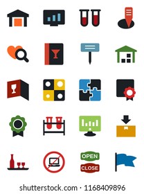 Color and black flat icon set - no laptop vector, statistic monitor, plant label, blood test vial, heart diagnostic, warehouse, package, application, sertificate, alcohol, wine card, open close