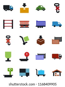 Color and black flat icon set - baggage trolley vector, railroad, truck trailer, cargo container, car delivery, consolidated, fragile, no hook, package, heavy scales, rack, warehouse