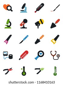 Color and black flat icon set - trowel vector, pruner, saw, stethoscope, blood pressure, thermometer, heart diagnostic, microscope, scalpel, microphone