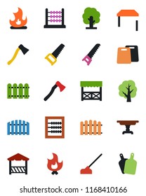 Color and black flat icon set - fence vector, tree, saw, fire, hoe, axe, abacus, table, alcove, cutting board