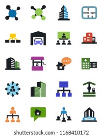 Color and black flat icon set - hierarchy vector, well, molecule, hospital, office building, garage, plan, home message