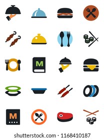 Color and black flat icon set - spoon and fork vector, dish, cafe, menu, plates, waiter, steak, kebab, hamburger, bowl, sushi