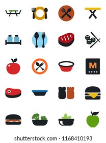 Color and black flat icon set - spoon and fork vector, picnic table, cafe, menu, salad, salt pepper, steak, hamburger, bowl, sushi, apple fruit