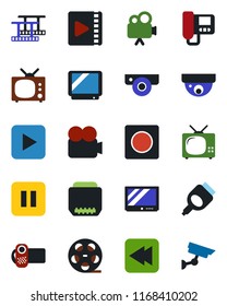 Color and black flat icon set - film frame vector, reel, tv, video camera, play button, pause, rewind, hdmi, record, web, intercome, surveillance