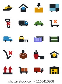 Color and black flat icon set - sea shipping vector, cargo container, car delivery, port, consolidated, warehouse storage, up side sign, no trolley, hook, package