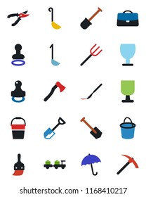 Color and black flat icon set - umbrella vector, stamp, baggage larry, job, shovel, farm fork, bucket, pruner, axe, scalpel, fragile, themes, case, ladle, hard work