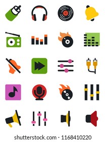 Color and black flat icon set - vinyl vector, flame disk, radio, speaker, loudspeaker, settings, equalizer, microphone, headphones, fast forward, rca, tuning, bell, mute, music, sound