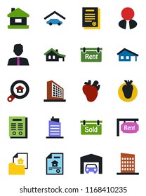 Color and black flat icon set - office building vector, real heart, contract, house, with garage, estate document, rent, sold signboard, search, agent, city