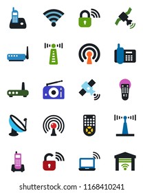 Color and black flat icon set - antenna vector, wireless notebook, office phone, satellite, radio, remote control, lock, router, garage gate