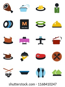 Color and black flat icon set - spoon and fork vector, waiter, dish, restaurant table, serviette, cafe, menu, plates, chicken, steak, ham, bowl, steaming pan, sushi