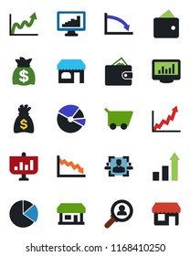 Color and black flat icon set - shop vector, growth statistic, money bag, store, monitor statistics, pie graph, hr, consumer search, wallet, crisis, cart, presentation, storefront