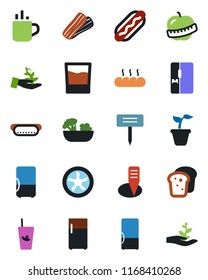 Color and black flat icon set - hot cup vector, seedling, plant label, diet, fridge, drink, phyto bar, salad, bacon, bread, dog, fan, palm sproute