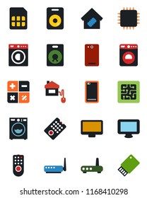 Color and black flat icon set - washer vector, calculator, monitor, speaker, phone back, sim, smart home, control, chip, remote, router, usb flash