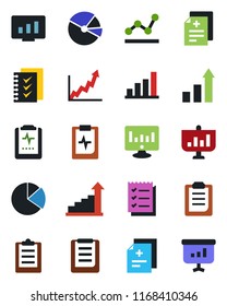 Color and black flat icon set - growth statistic vector, monitor, diagnosis, pulse clipboard, bar graph, pie, checklist, point, presentation