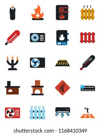 Color and black flat icon set - fire vector, fireplace, thermometer, heater, air conditioner, candle, water, smoke detector, radiator, warm floor