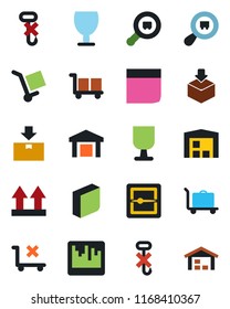 Color and black flat icon set - baggage trolley vector, fragile, cargo, up side sign, no, hook, warehouse, package, search, scanner, blank box