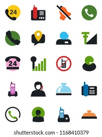 Color and black flat icon set - phone vector, no mobile, reception bell, office, 24 hours, support, tracking, radio, call, mute, cellular signal