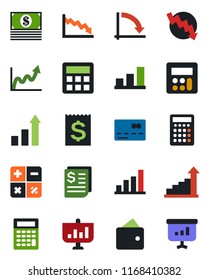 Color and black flat icon set - credit card vector, growth statistic, calculator, crisis graph, receipt, bar, wallet, cash, presentation