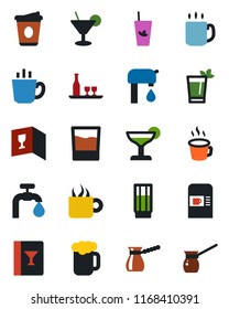Color and black flat icon set - coffee machine vector, water supply, alcohol, wine card, drink, cocktail, phyto bar, beer, turkish